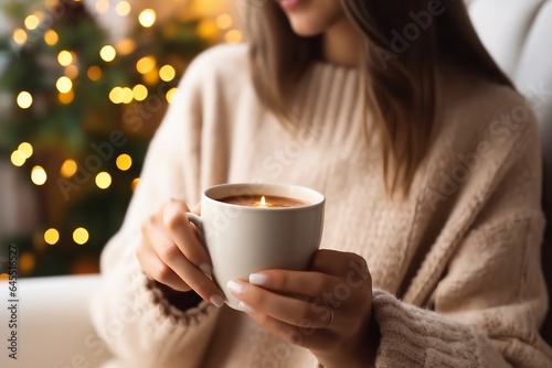 Woman's hands in sweater holding cup of hot drink coffee indoors. Still life composition. generative ai.
