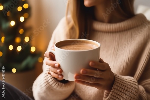 Woman's hands in sweater holding cup of hot drink coffee indoors. Still life composition. generative ai.