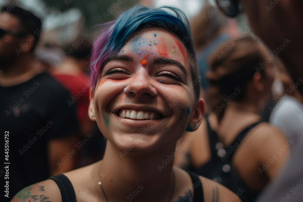 blue and pink hair woman celebrating pride, protesting lgbt gay transgender happy