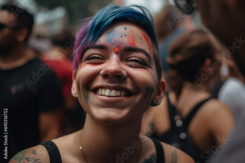 blue and pink hair woman celebrating pride, protesting lgbt gay transgender happy