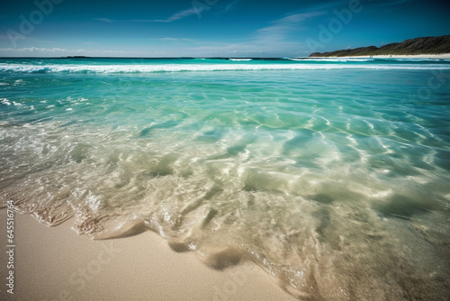 Soft wave of blue ocean on sandy beach. Holiday summer beach background.