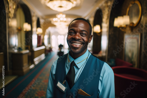 Smiling baggage porter in hotel photo