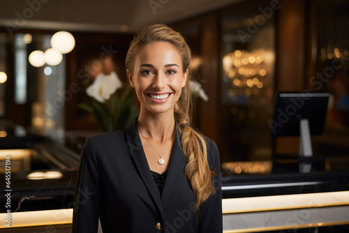 Portrait of smiling receptionist in hotel photo