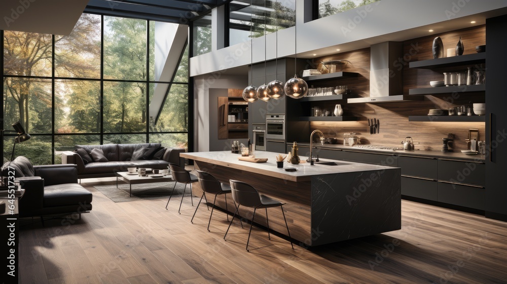 Sleek and minimalistic kitchen design. Generative AI Sleek and minimalistic kitchen design. Generative AI