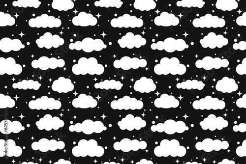 Seamless pattern with cloud, clouds on black dark background. Vector illustration of weather elements for print. Design for nursery, for clothes, for sleep, for fabrics © Olga Voron