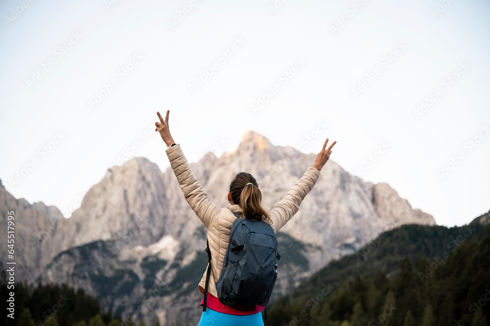 Young woman with victory arms standing looking at beautiful view of mountains