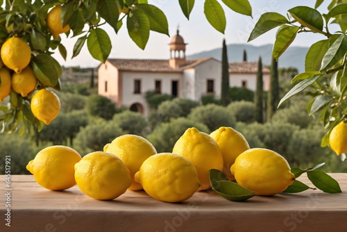 Zitronen im Garten, im Hintergrund eine alte Finca in Spanien