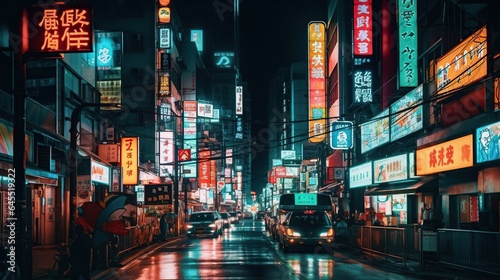 Shinjuku streets at night: Neon billboards in Tokyo, Japan, modern cityscape.