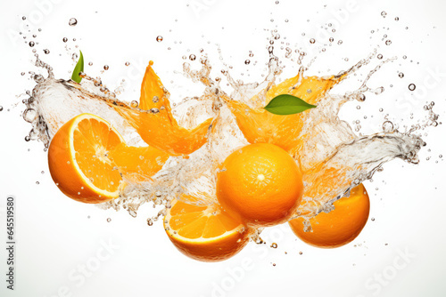 Splashing oranges on white background