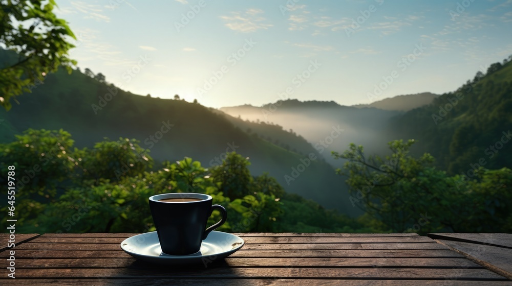 Black elegant coffee cup with saucer on a rustic wooden table. In the background there is a steaming forest and a nice clear sky.