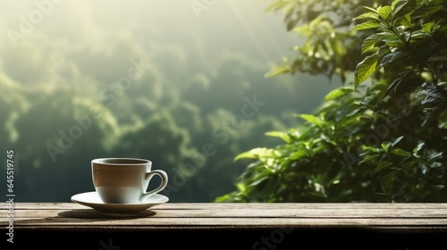 A white cup of coffee on wooden boards and a lush forest canopy behind the fog in the background. Front view with copy space.