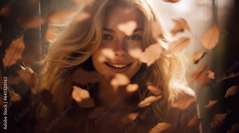 Smiling woman standing by the window surrounded by falling autumn leaves Smiling woman standing by the window surrounded by falling autumn leaves