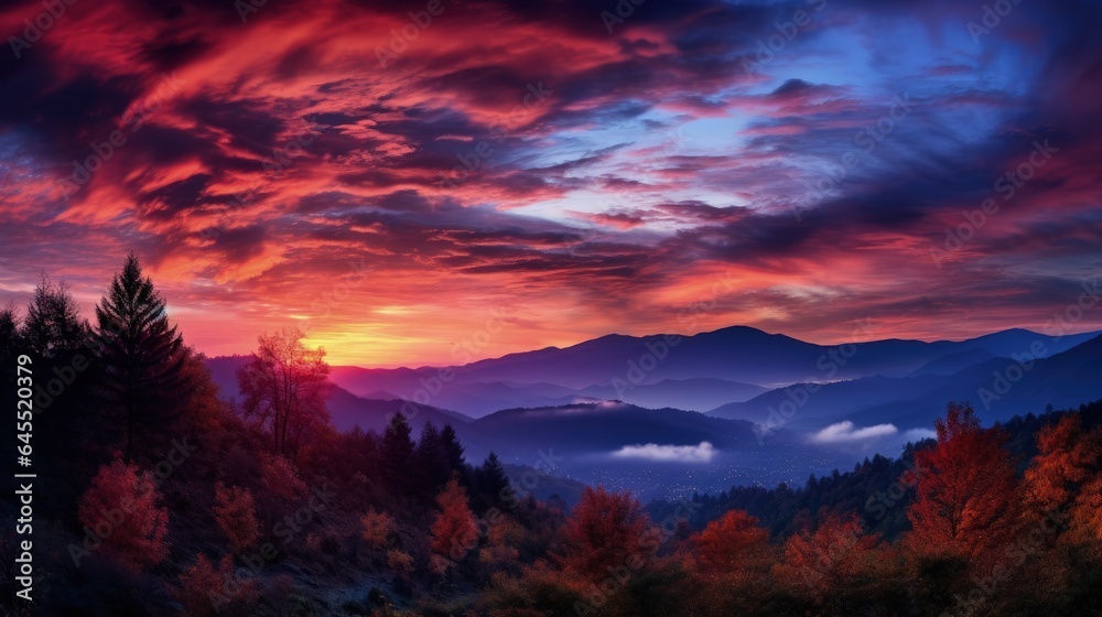 A colorful sunset over a mountain range with clouds