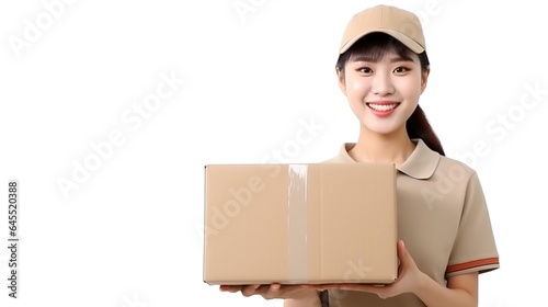 Delivery, relocation, and unpacking are all included. Young woman with a smile clutching a cardboard package, isolated on a white background. generative ai
