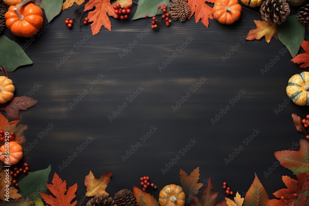 Autumn frame with cute colorful leaves and pumpkins. Thanksgiving and Harvest day trendy black wooden background with beautiful leaves. Fall leaf border with copy space - obrazy, fototapety, plakaty 
