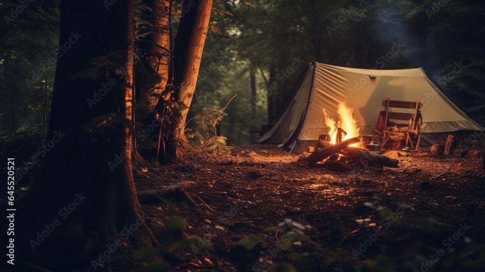 A tent in the woods with a campfire in the foreground - obrazy, fototapety, plakaty 