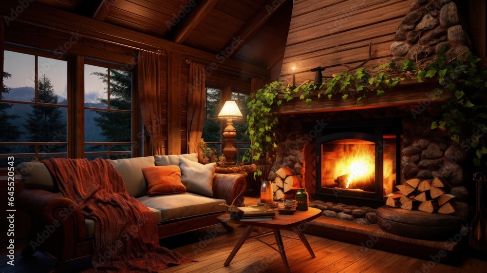 A living room with a comfortable sofa and a warm family fireplace in a wooden cottage