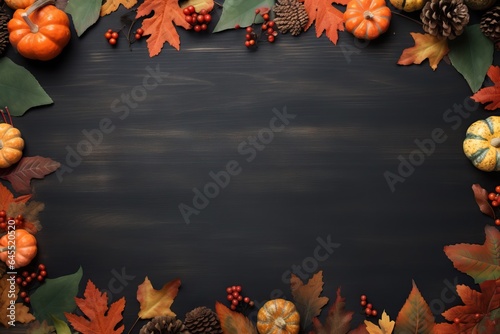 Autumn frame with cute colorful leaves and pumpkins. Thanksgiving and Harvest day trendy black wooden background with beautiful leaves. Fall leaf border with copy space
