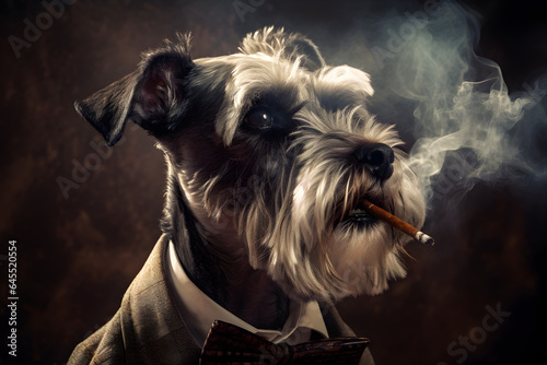 Close-up of a gray Schnauzer in a suit smoking in a dark moody setting