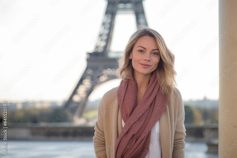 Lifestyle portrait photography of a satisfied woman in her 30s that is wearing a chic cardigan against the Eiffel Tower in Paris France