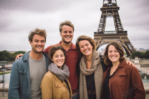 Group portrait photography of a grinning woman in her 30s that is with the family against the Eiffel Tower in Paris France