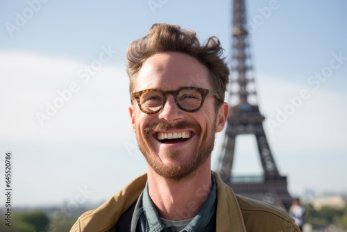 Headshot portrait photography of a pleased man in his 30s that is smiling with friends against the Eiffel Tower in Paris France
