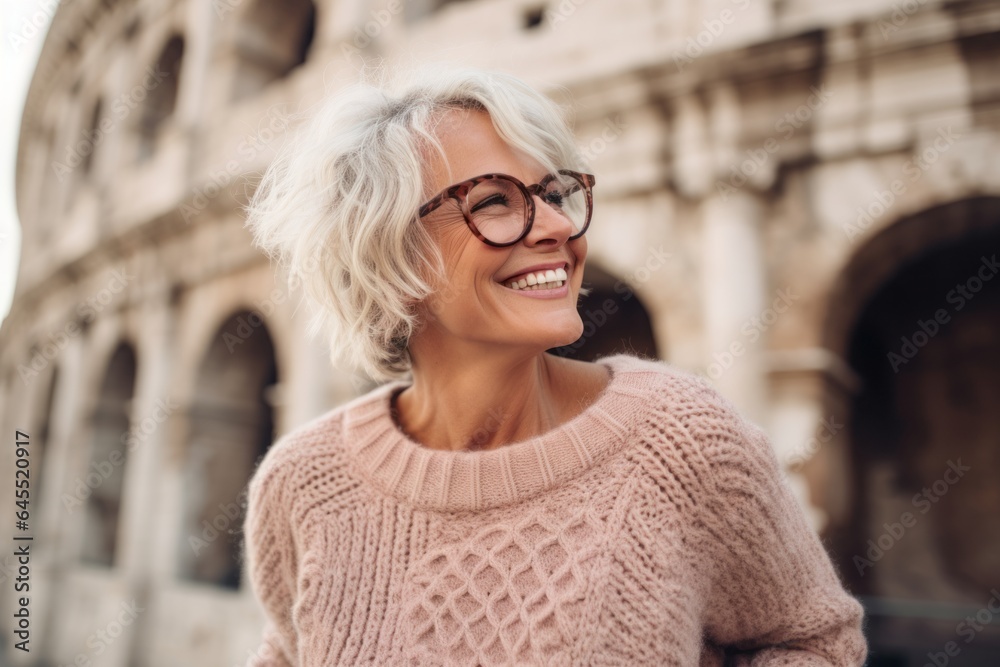 Lifestyle portrait photography of a pleased woman in her 50s that is wearing a cozy sweater against the Colosseum in Rome Italy