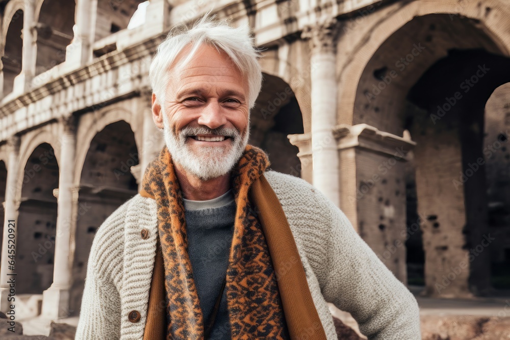 Group portrait photography of a grinning man in his 50s that is wearing a chic cardigan against the Colosseum in Rome Italy