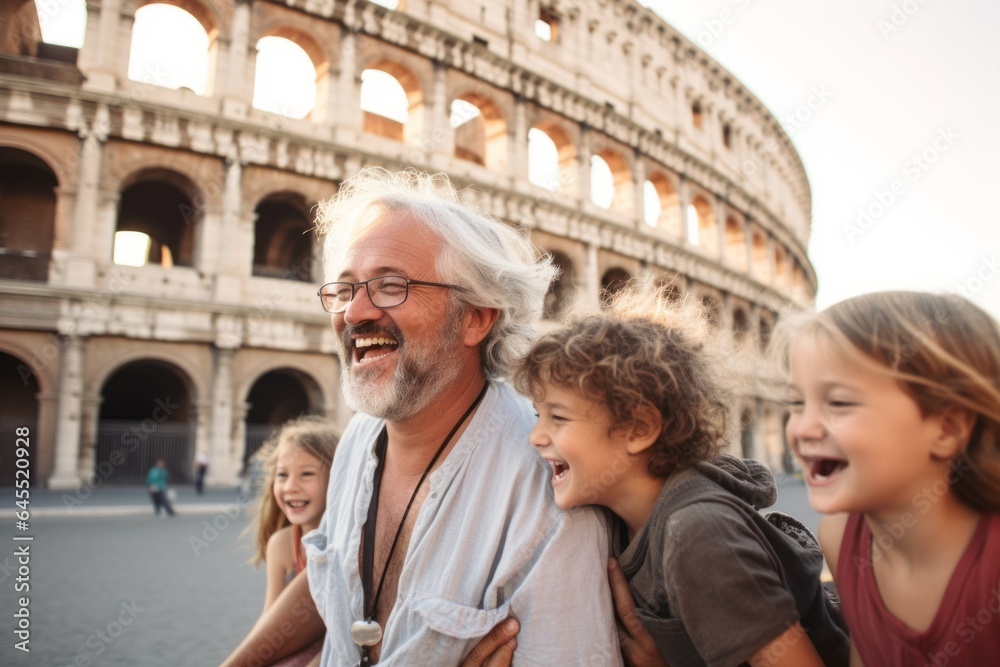 Lifestyle portrait photography of a cheerful man in his 50s that is with the family against the Colosseum in Rome Italy