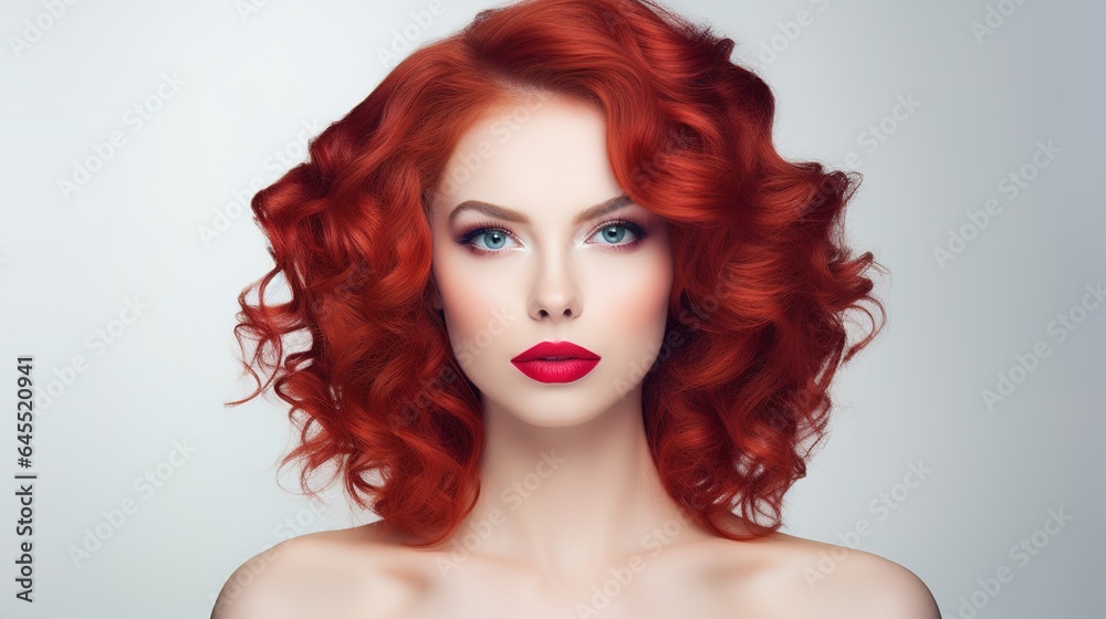 Beautiful smiling woman with long wavy hair. Girl curly hairstyle and red manicure nails . Beauty ,makeup and cosmetics. generative ai