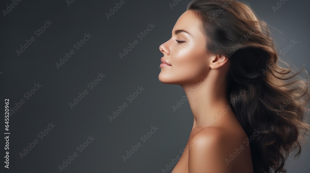 Face, happy and skincare with a model woman in studio background to promote natural care. Facial, wellness and makeup Face, happy and skincare with a model woman in studio background to promote natural care. Facial, wellness and makeup
