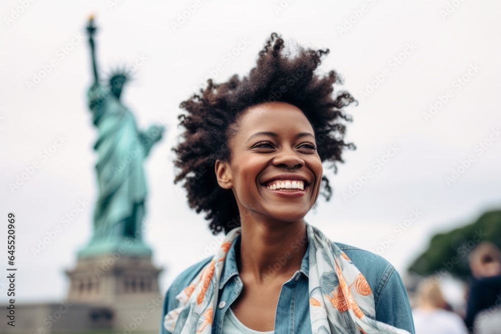 Lifestyle portrait photography of a grinning woman in her 30s that is smiling with friends in front of the Statue of Liberty in New York USA Lifestyle portrait photography of a grinning woman in her 30s that is smiling with friends in front of the Statue of Liberty in New York USA