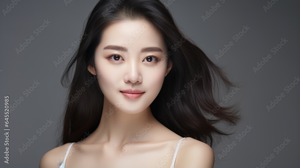 Close-up Beauty Portrait of a Stylish Woman with Brown Hair, Elegant Makeup, and a Glamorous Look in a Studio 