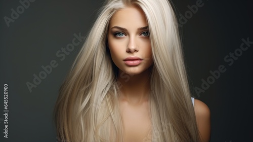 Beautiful woman in profile with long and shiny wavy hair . Beauty model girl with curly hairstyle. generative ai
