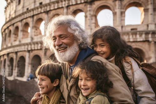 Lifestyle portrait photography of a satisfied man in his 60s that is with the family against the Colosseum in Rome Italy