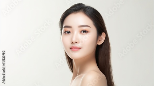 Young cheerful woman looking at the camera, beauty and spa, Asian woman portrait on a white background.
