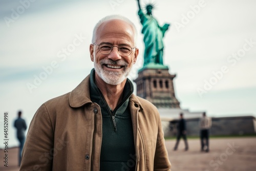 Lifestyle portrait photography of a pleased man in his 50s that is wearing a chic cardigan in front of the Statue of Liberty in New York USA © Robert MEYNER