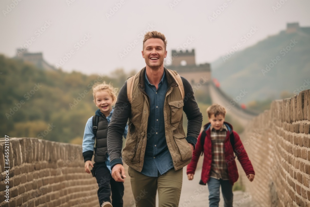 Lifestyle portrait photography of a pleased man in his 30s that is with the family at the Great Wall of China in Beijing China