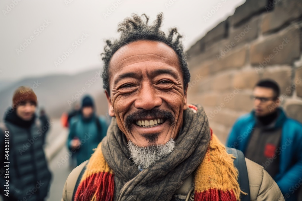 Close-up portrait photography of a pleased man in his 40s that is smiling with friends at the Great Wall of China in Beijing China