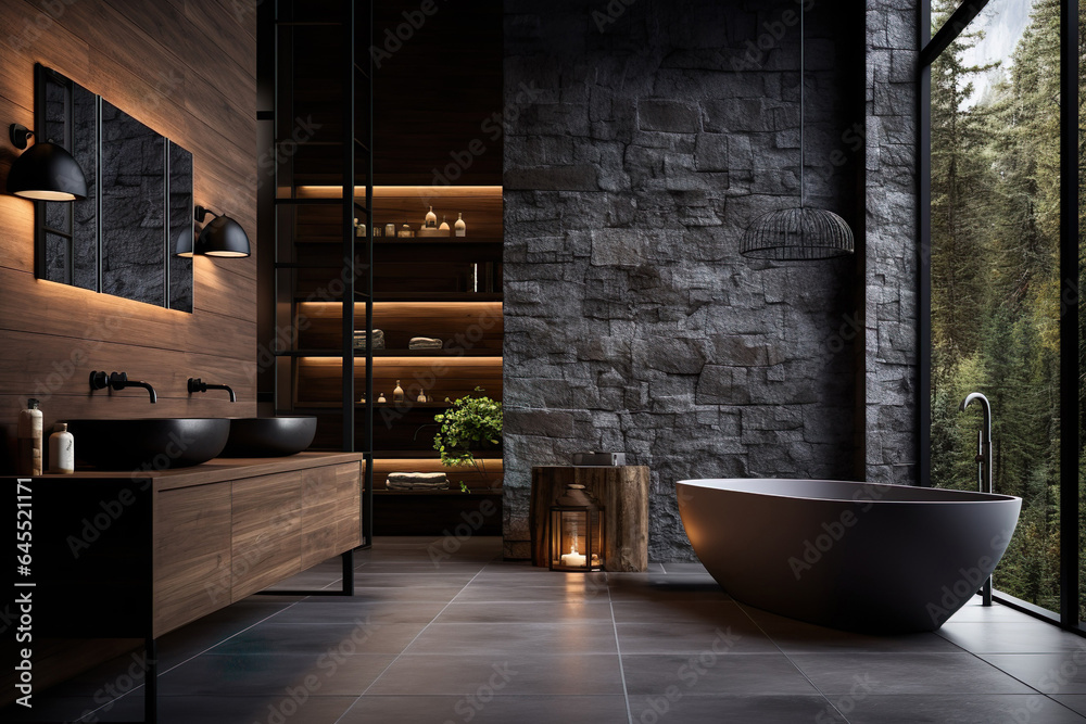 Grey concrete tiled bathroom with window and a bathtub, stone concept, Generative AI Grey concrete tiled bathroom with window and a bathtub, stone concept, Generative AI