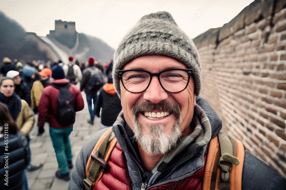 Close-up portrait photography of a pleased man in his 40s that is smiling with friends at the Great Wall of China in Beijing China Close-up portrait photography of a pleased man in his 40s that is smiling with friends at the Great Wall of China in Beijing China