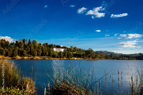 Fototapeta Naklejka Na Ścianę i Meble -  Sochagota artificial lake built in 1956 to provide tourism potential for the municipality of Paipa, in the department of Boyacá, northeastern Colombia.