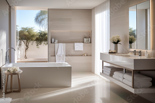 Beige modern bathroom with a view to trees garden and bathtub  Generative AI