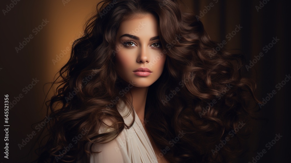 Captivating Curls: A beautiful woman with long, flowing brown curls gazes into the camera with a captivating intensity. Captivating Curls: A beautiful woman with long, flowing brown curls gazes into the camera with a captivating intensity.