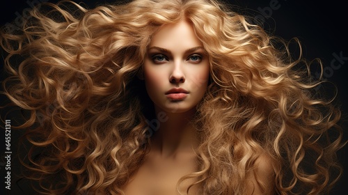Blonde woman with wonderful long curly hair. generative ai
