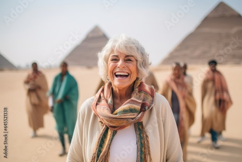 Group portrait photography of a pleased woman in her 50s that is smiling with friends in front of the Pyramids of Giza in Cairo Egypt