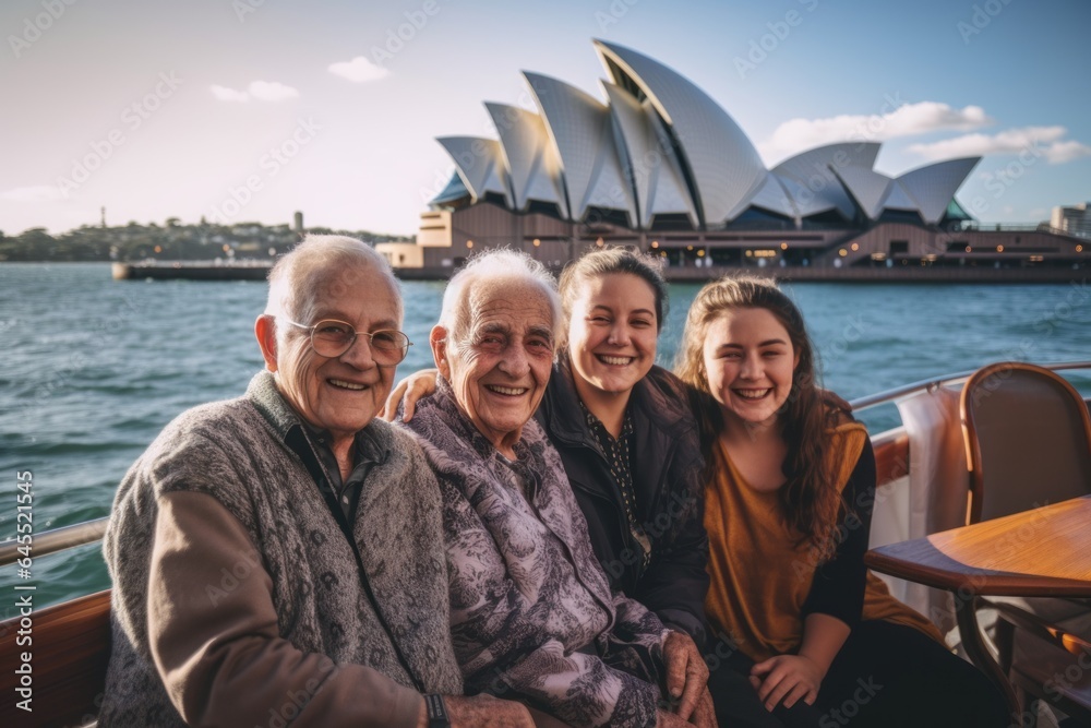 Fototapeta premium Lifestyle portrait photography of a pleased 100-year-old elderly man that is with the family at the Sydney Opera House in Sydney Australia