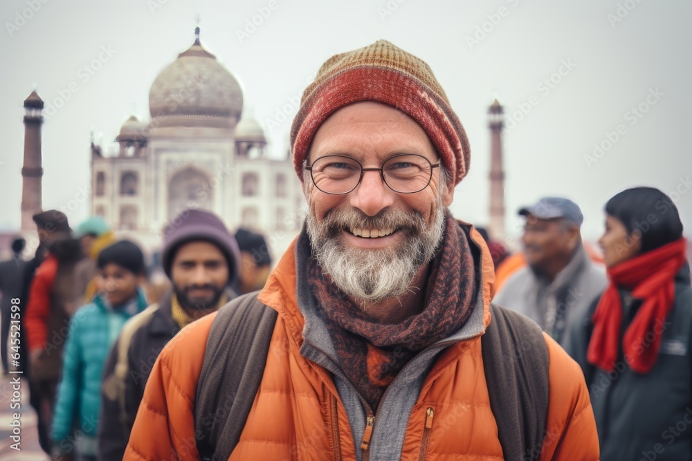 Obraz premium Group portrait photography of a grinning man in his 40s that is smiling with friends in front of the Taj Mahal in Agra India