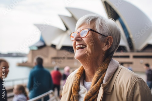 Lifestyle portrait photography of a grinning woman in her 60s that is with the family at the Sydney Opera House in Sydney Australia
