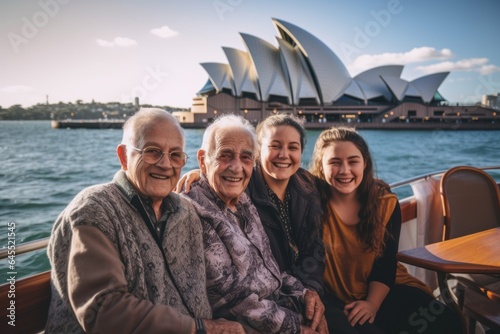 Lifestyle portrait photography of a pleased 100-year-old elderly man that is with the family at the Sydney Opera House in Sydney Australia